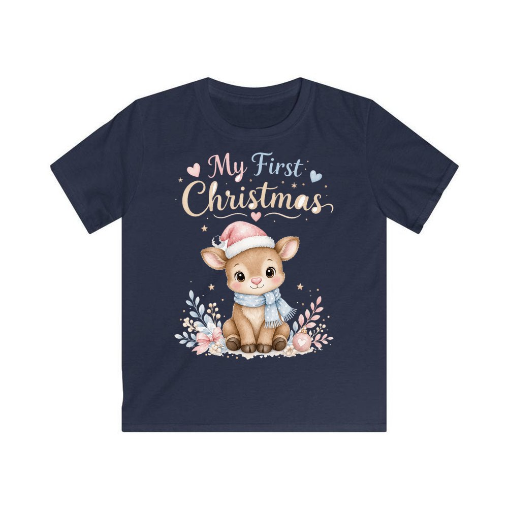 My First Christmas Fawn personalised kids Christmas tee in navy