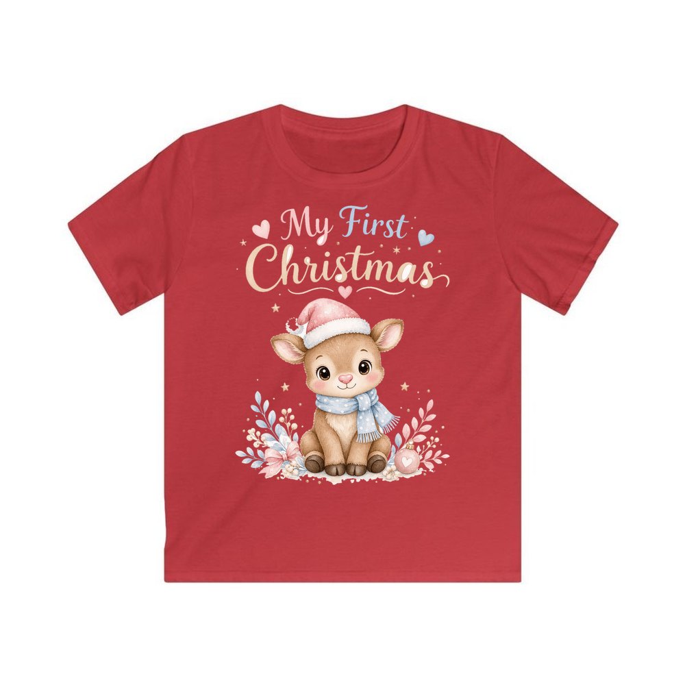 My First Christmas Fawn personalised kids Christmas tee in red