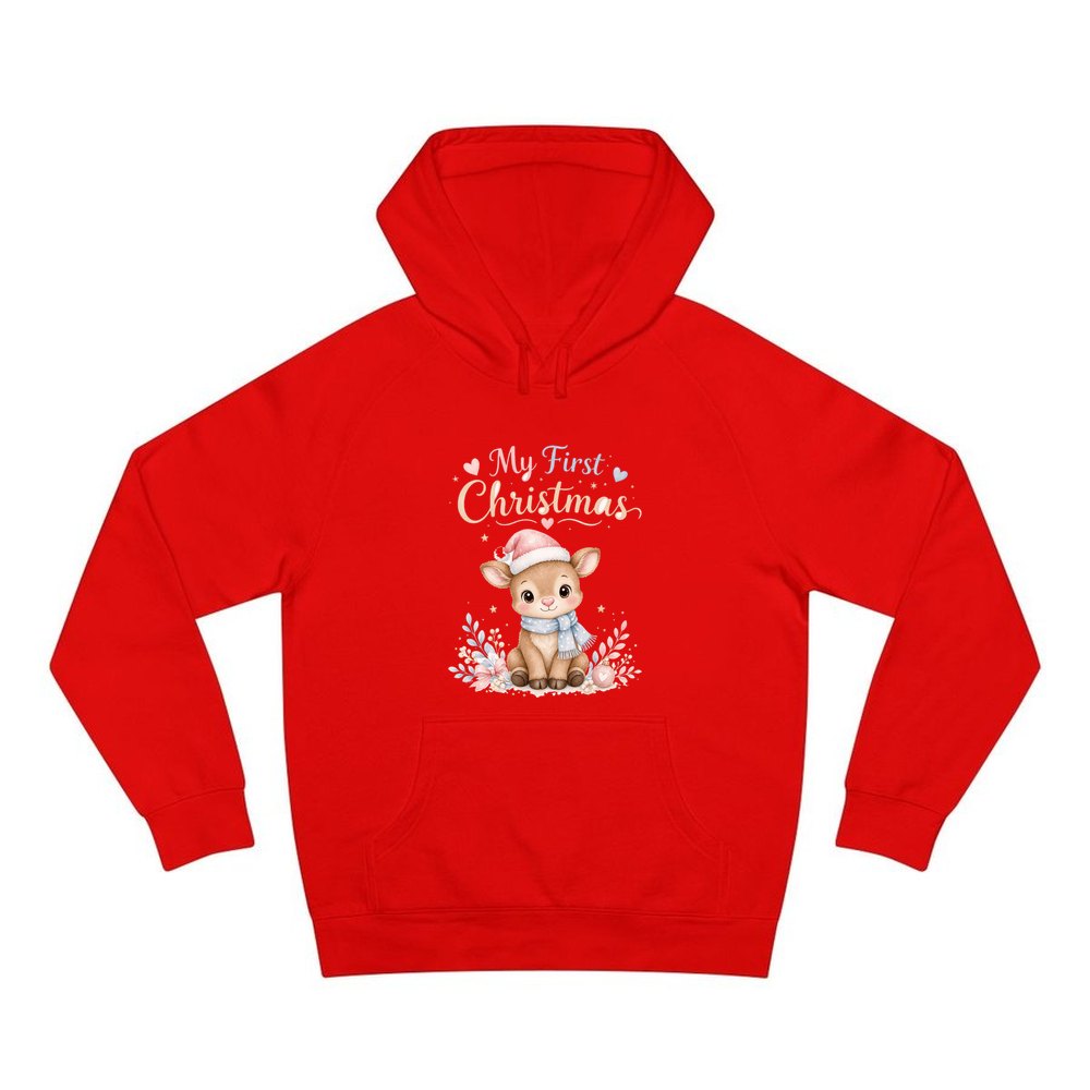 My First Christmas Fawn personalised Christmas hoodie in red