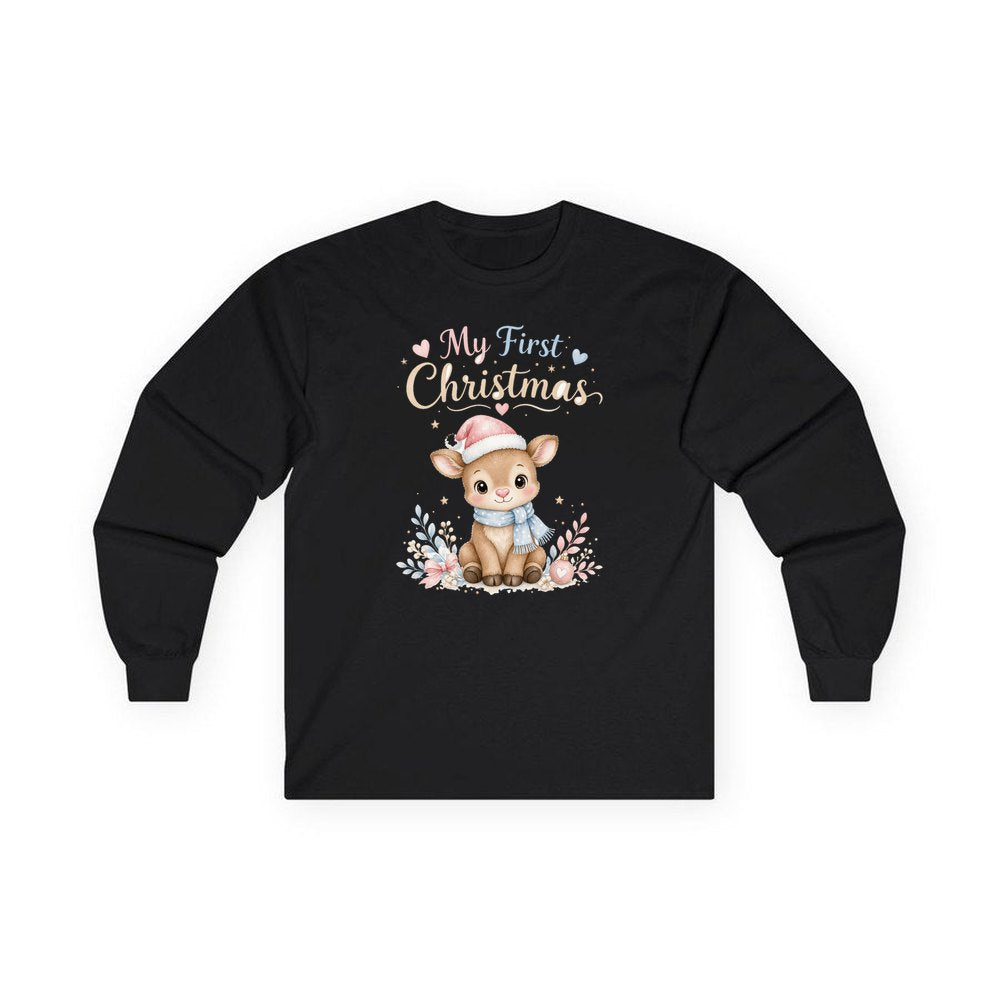 My First Christmas Fawn personalised long sleeve Christmas T-shirt in black