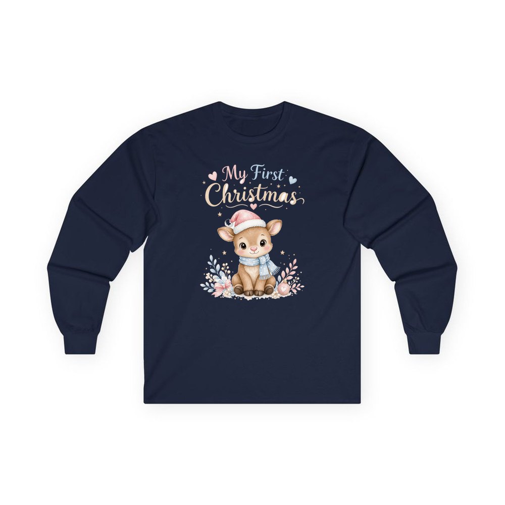 My First Christmas Fawn personalised long sleeve Christmas T-shirt in navy