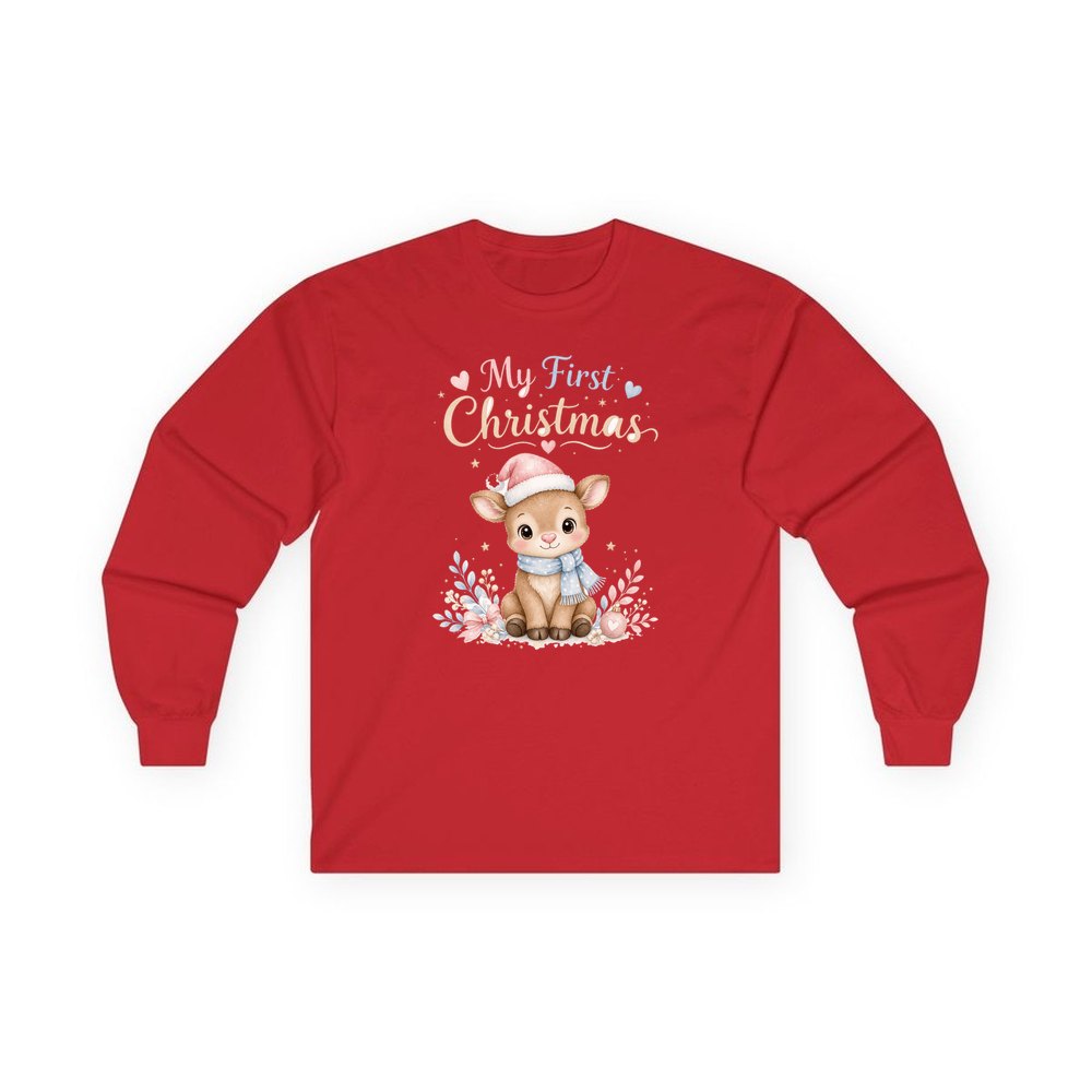 My First Christmas Fawn personalised long sleeve Christmas T-shirt in red