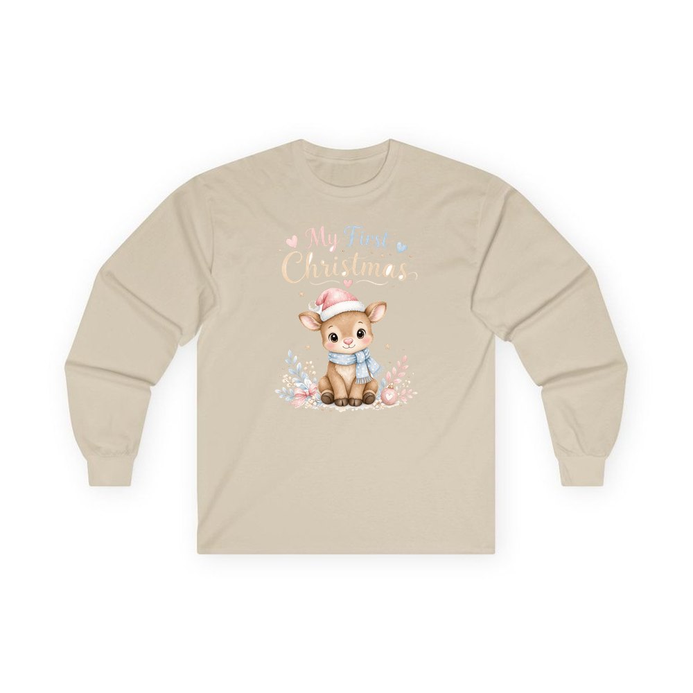 My First Christmas Fawn personalised long sleeve Christmas T-shirt in sand