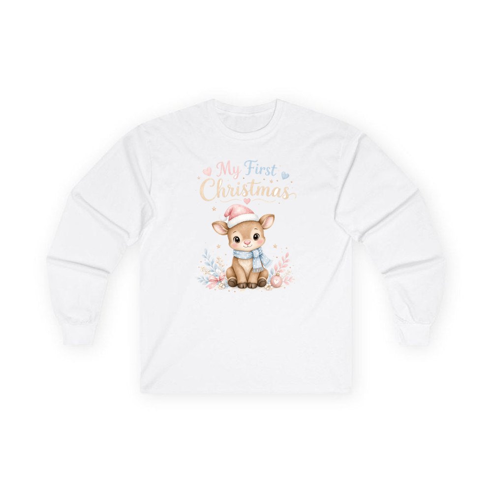 My First Christmas Fawn personalised long sleeve Christmas T-shirt in white