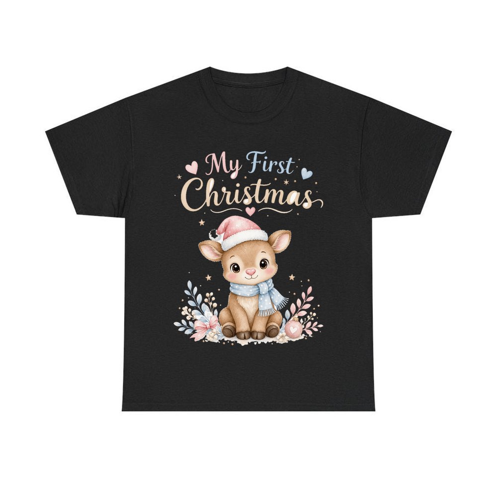 My First Christmas Fawn personalised Christmas T-shirt in black