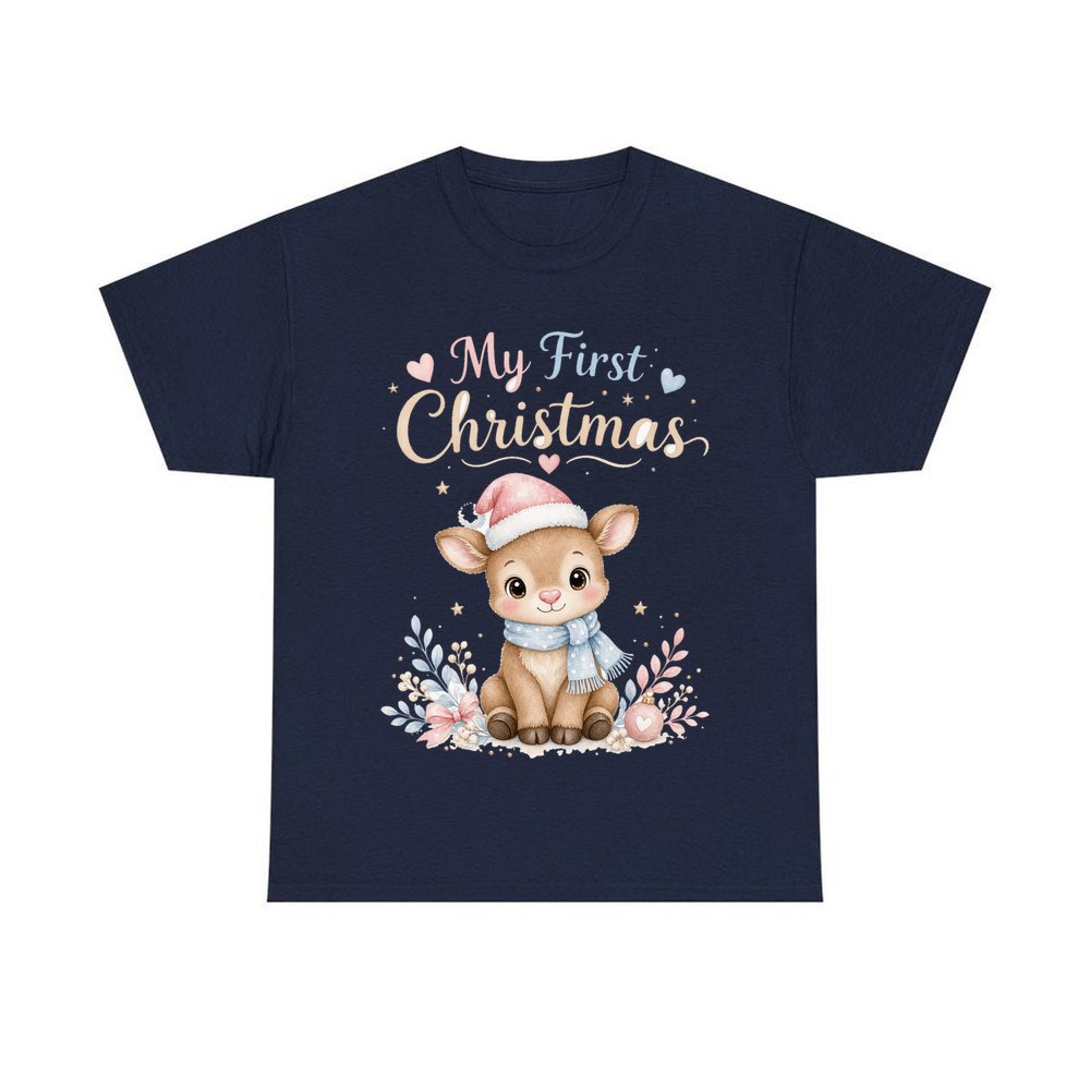 My First Christmas Fawn personalised Christmas T-shirt in navy