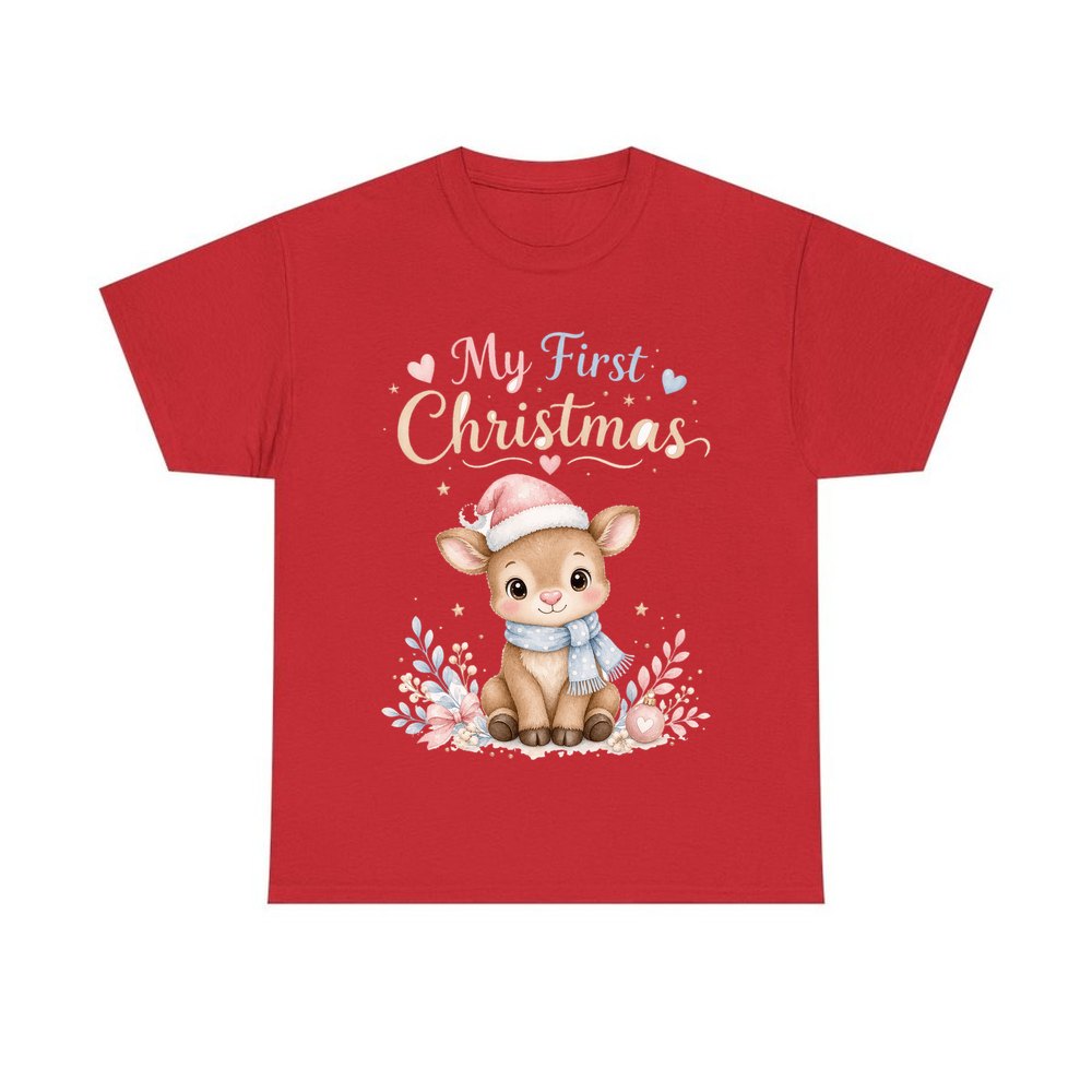 My First Christmas Fawn personalised Christmas T-shirt in red