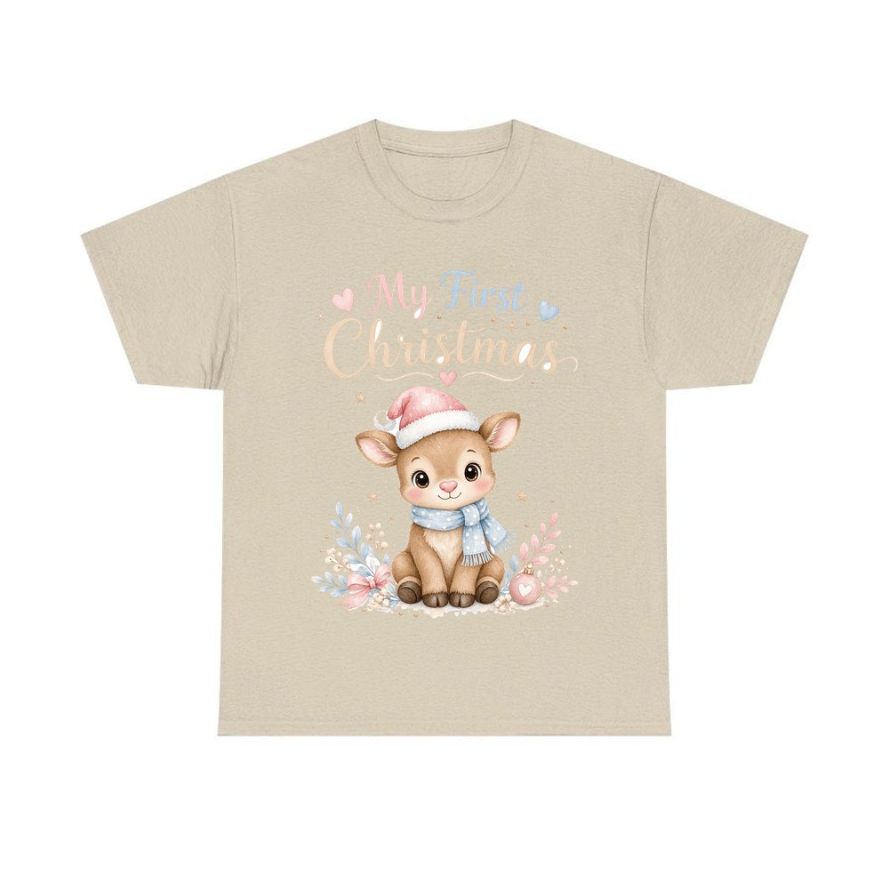 My First Christmas Fawn personalised Christmas T-shirt in sand