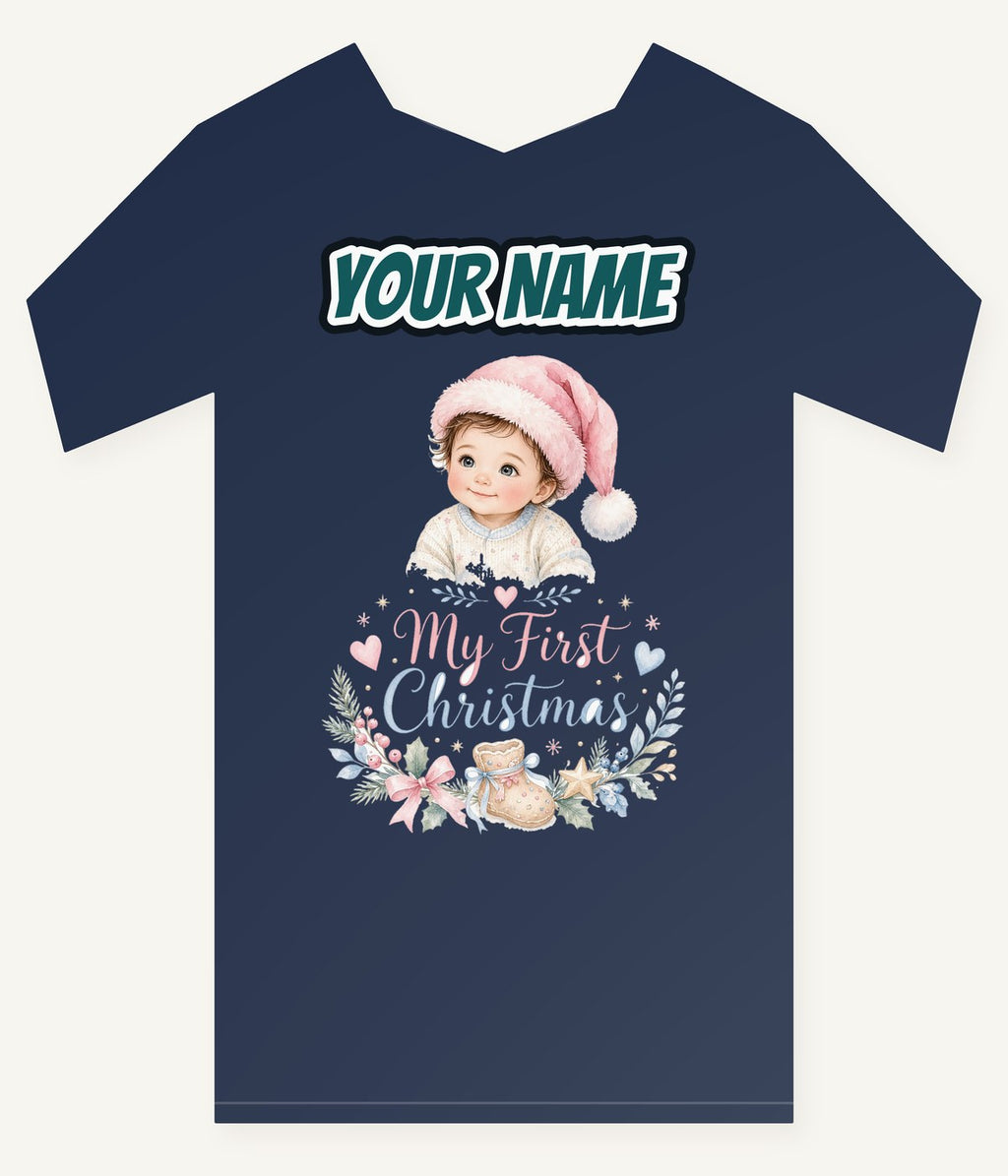 My First Christmas Pink Hat Personalised Kids and Baby Christmas Tee