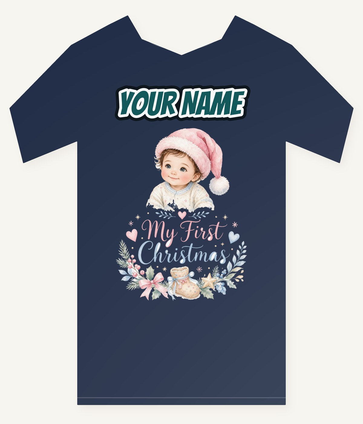 My First Christmas Pink Hat Personalised Kids and Baby Christmas Tee
