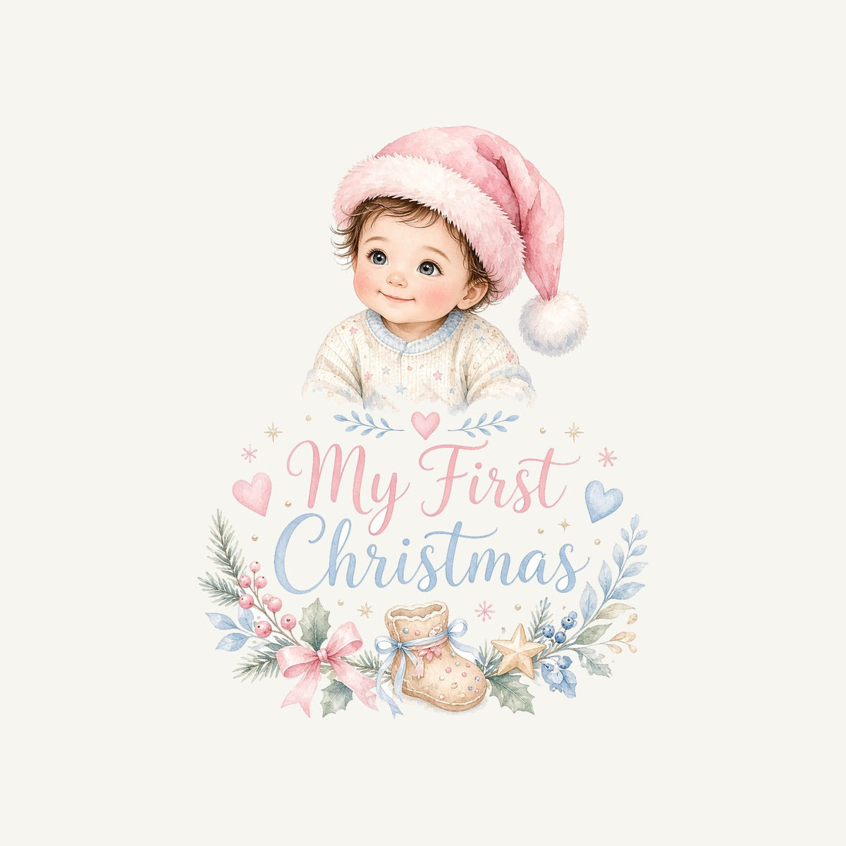 My First Christmas Pink Hat Personalised Kids and Baby Christmas Tee