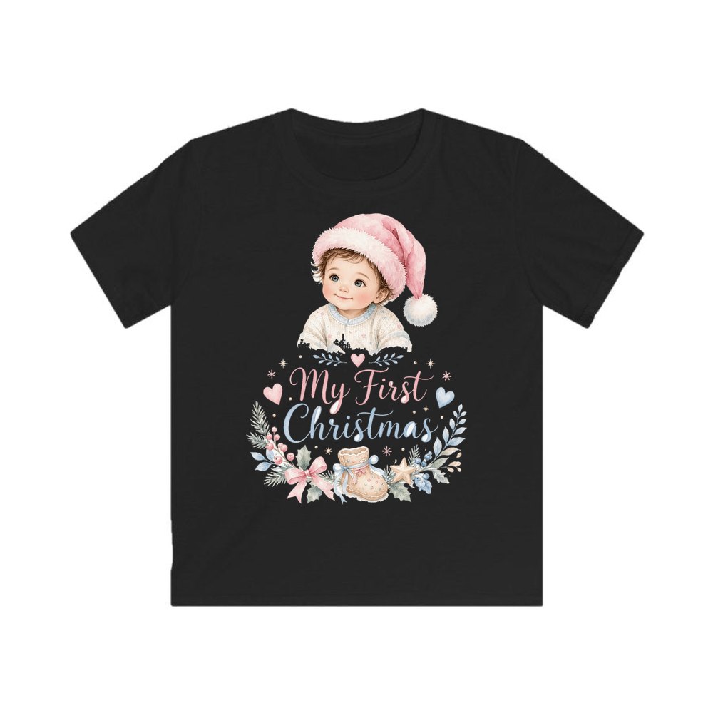 My First Christmas Pink Hat personalised kids Christmas tee in black