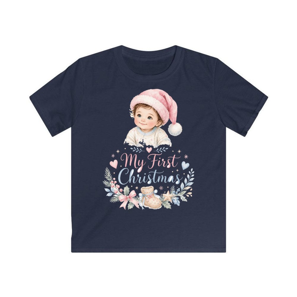My First Christmas Pink Hat personalised kids Christmas tee in navy