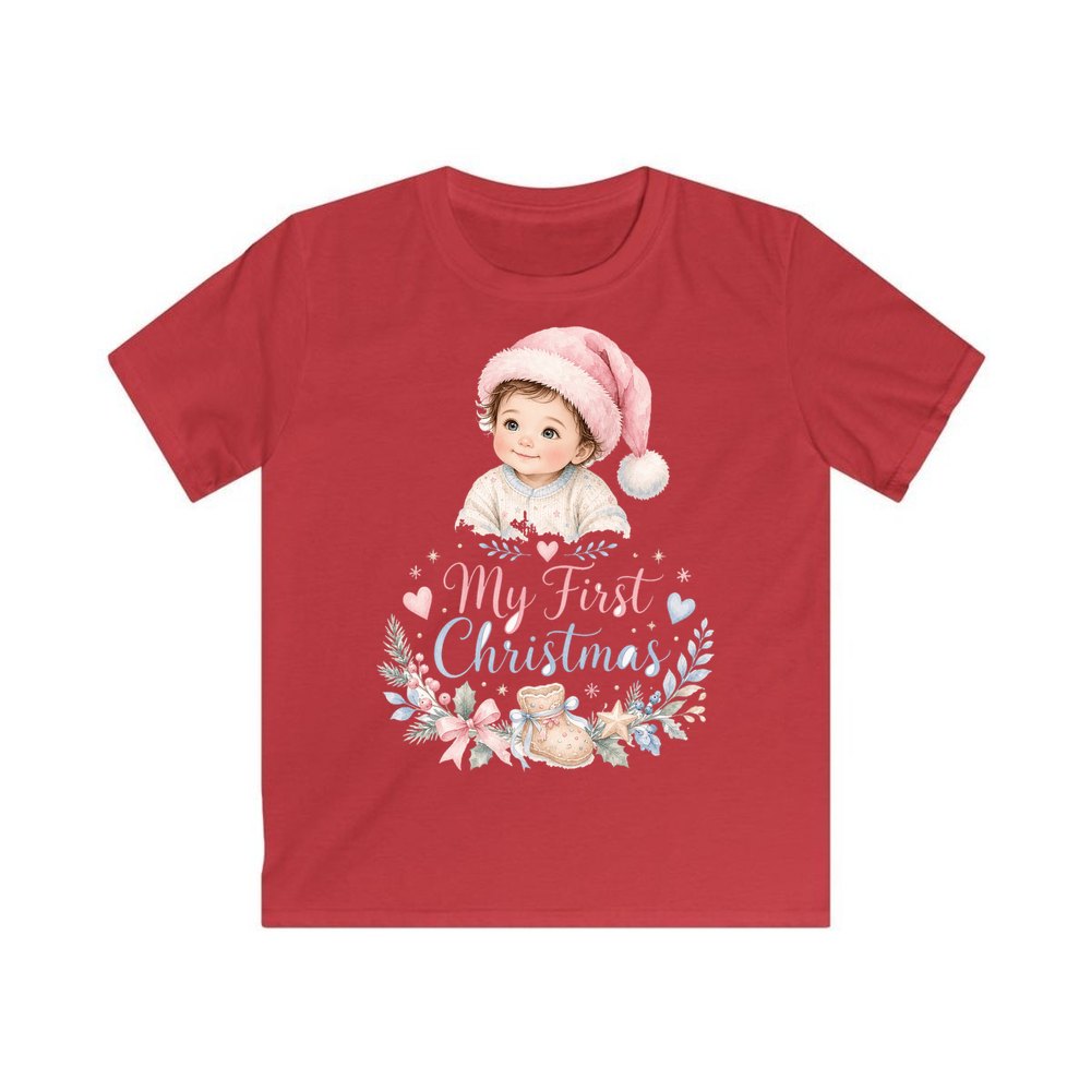 My First Christmas Pink Hat personalised kids Christmas tee in red
