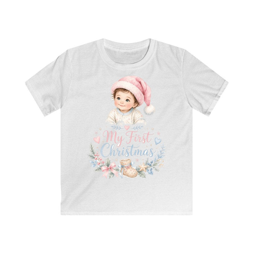My First Christmas Pink Hat personalised kids Christmas tee in white