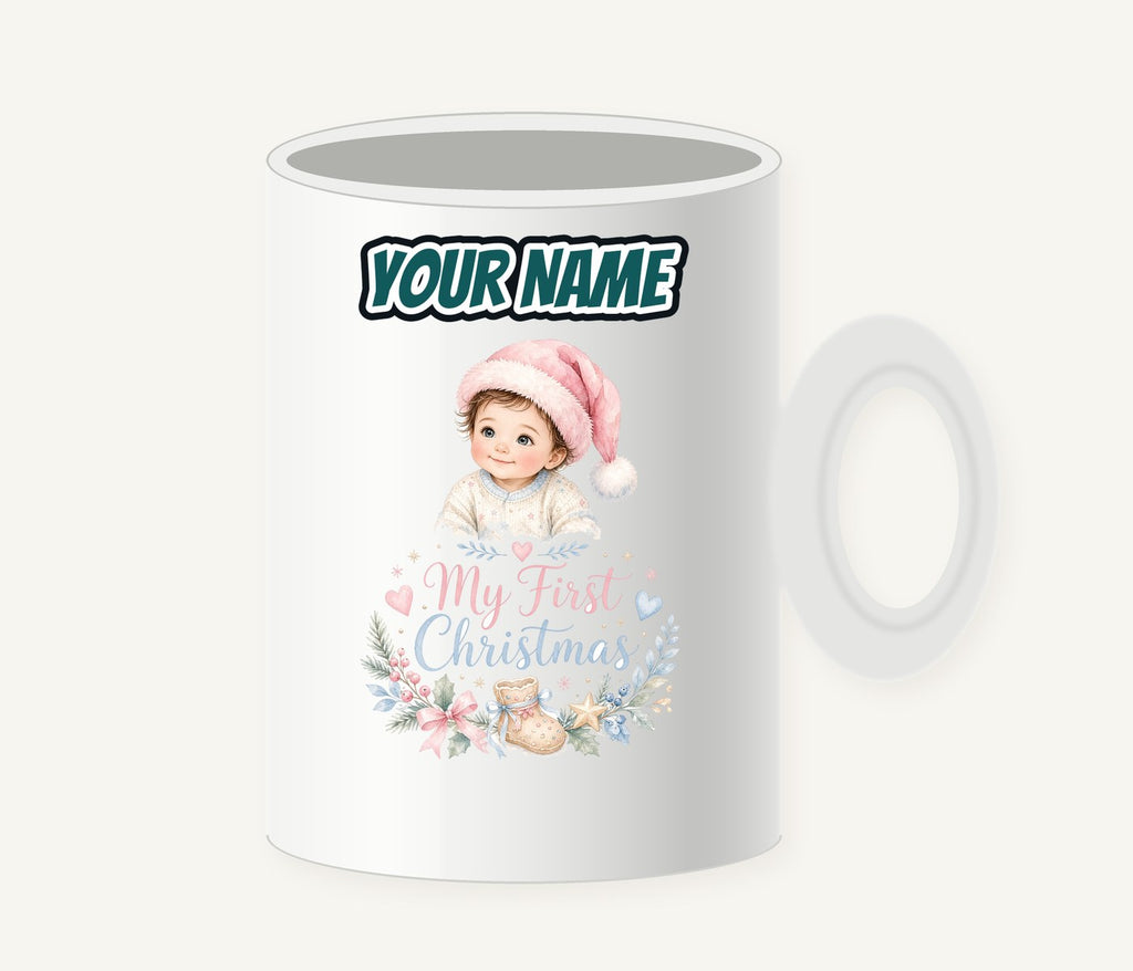 My First Christmas Pink Hat Personalised Christmas Mug