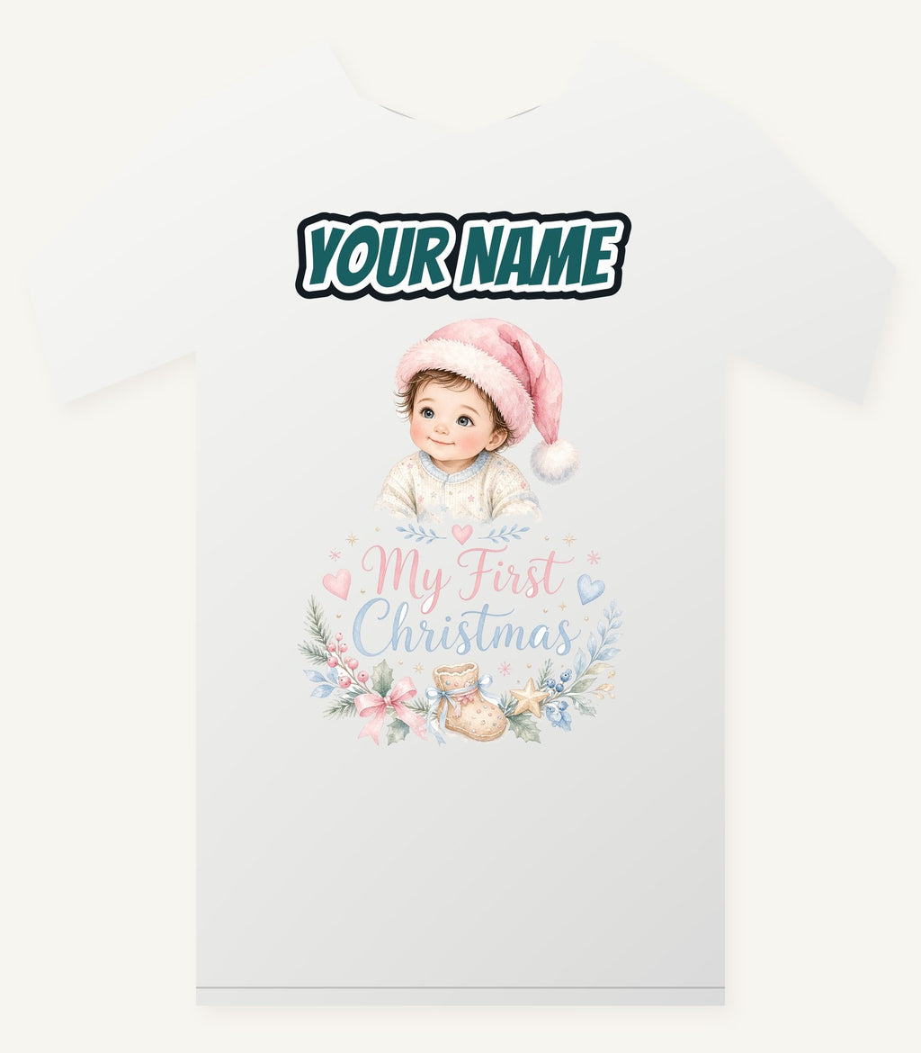 My First Christmas Pink Hat Personalised Christmas T-Shirt and Hoodie