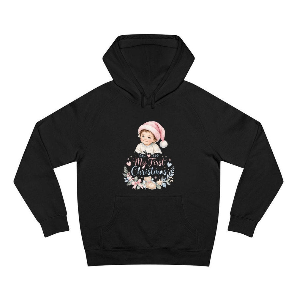 My First Christmas Pink Hat personalised Christmas hoodie in black
