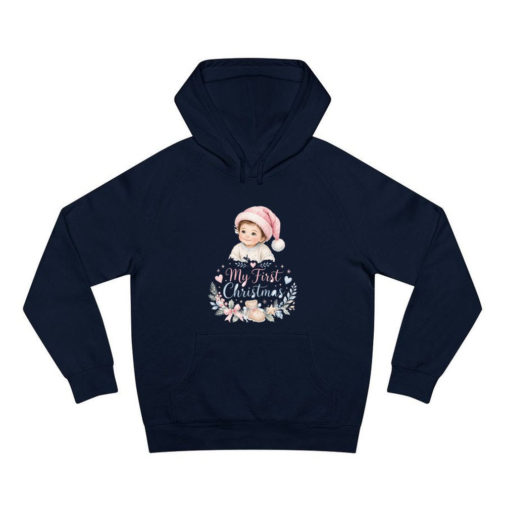 My First Christmas Pink Hat personalised Christmas hoodie in navy