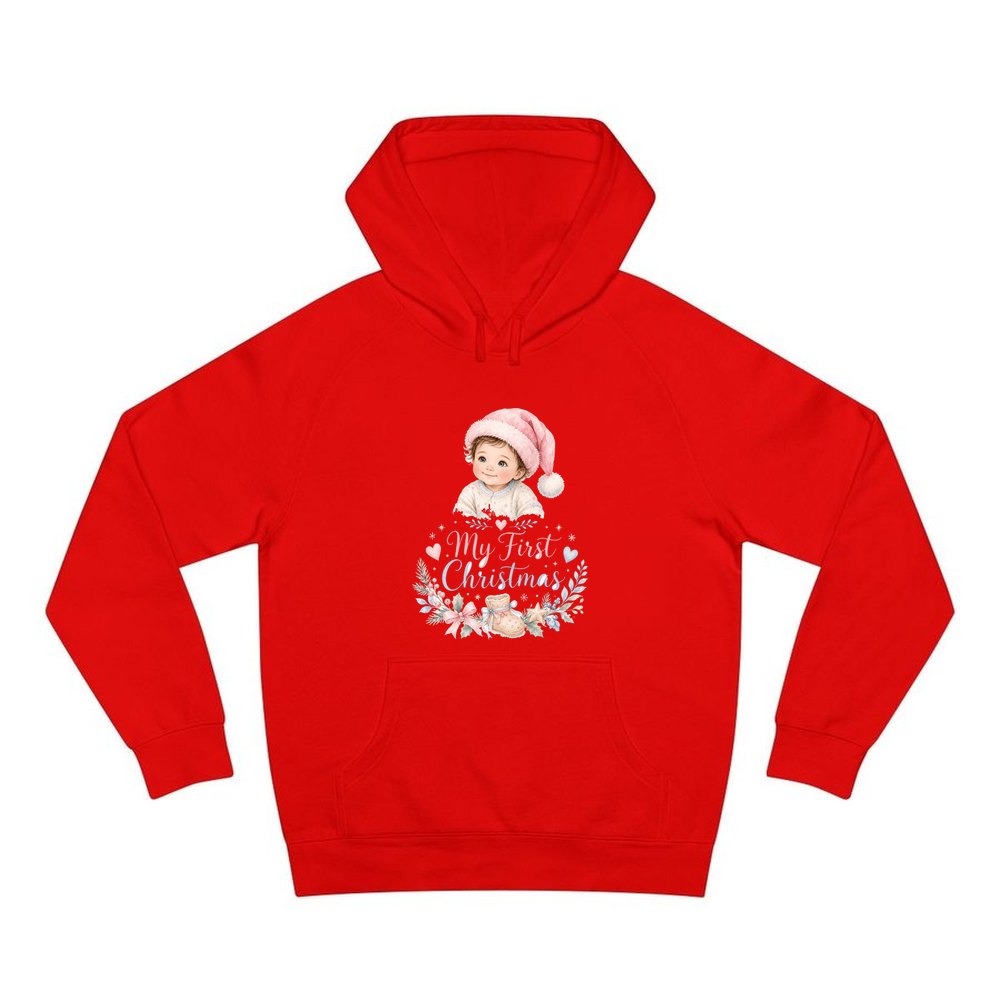 My First Christmas Pink Hat personalised Christmas hoodie in red