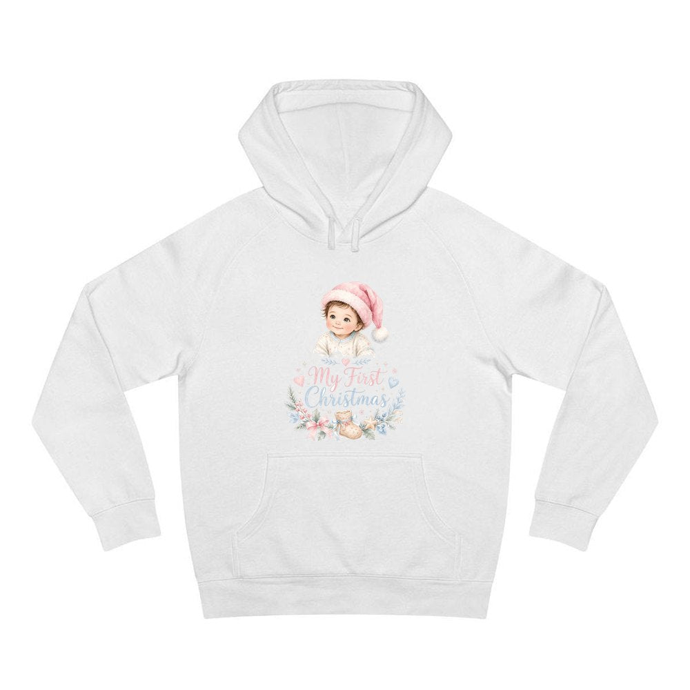 My First Christmas Pink Hat personalised Christmas hoodie in white