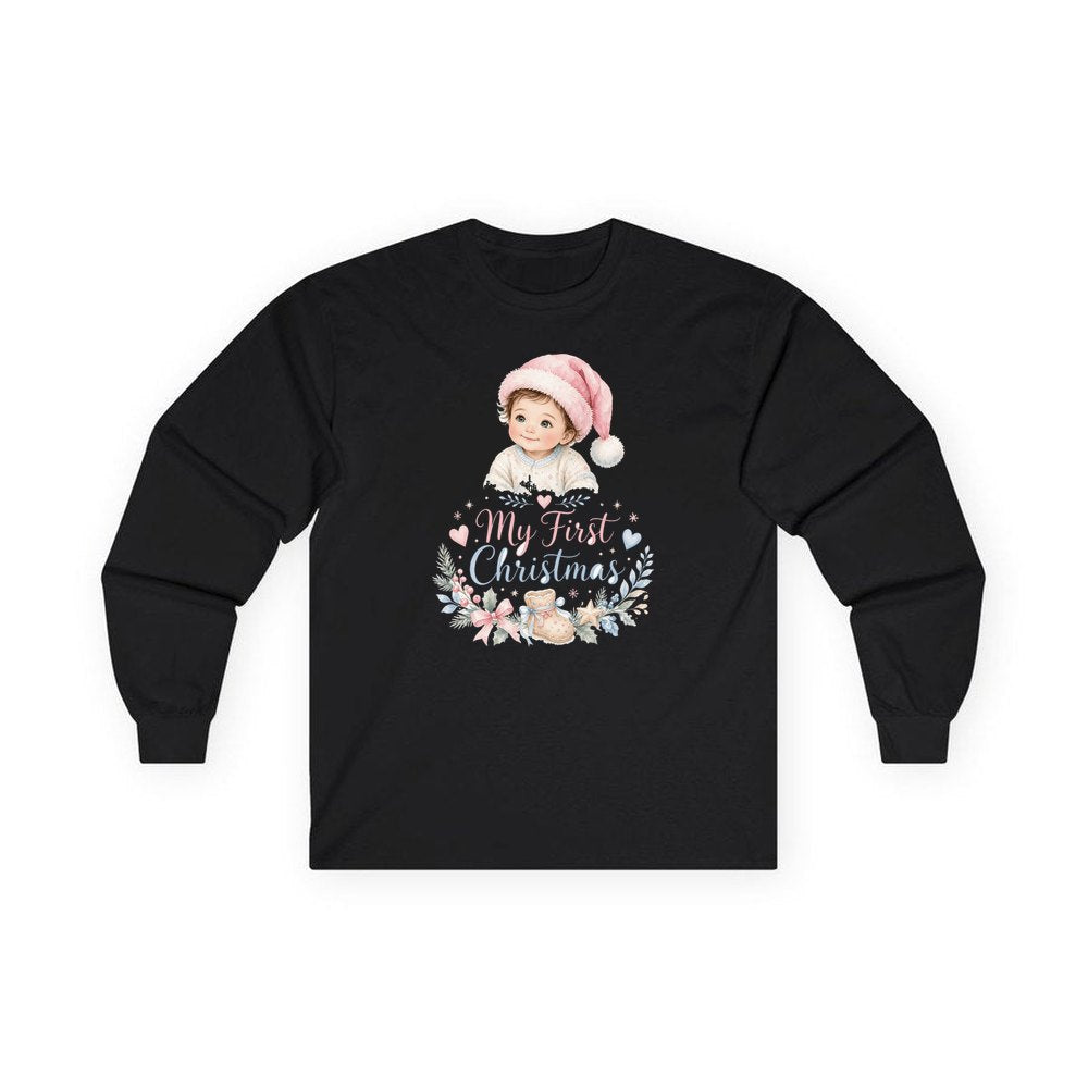 My First Christmas Pink Hat personalised long sleeve Christmas T-shirt in black