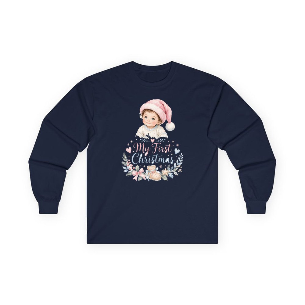 My First Christmas Pink Hat personalised long sleeve Christmas T-shirt in navy