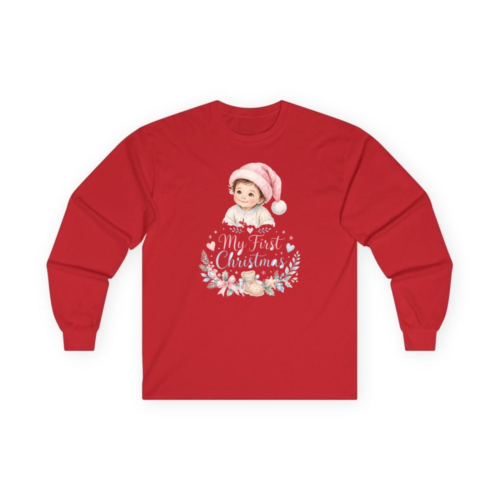 My First Christmas Pink Hat personalised long sleeve Christmas T-shirt in red