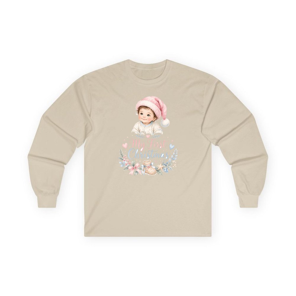 My First Christmas Pink Hat personalised long sleeve Christmas T-shirt in sand