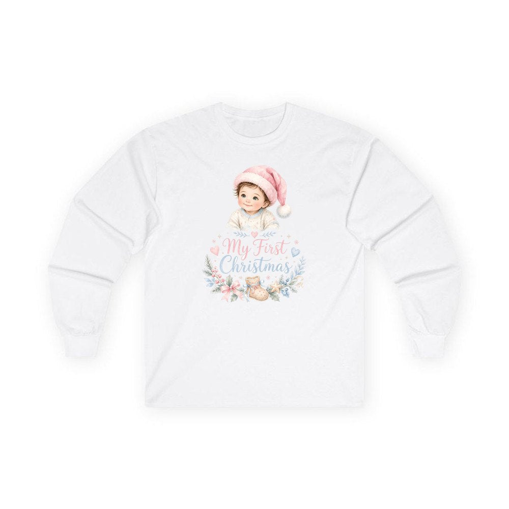 My First Christmas Pink Hat personalised long sleeve Christmas T-shirt in white