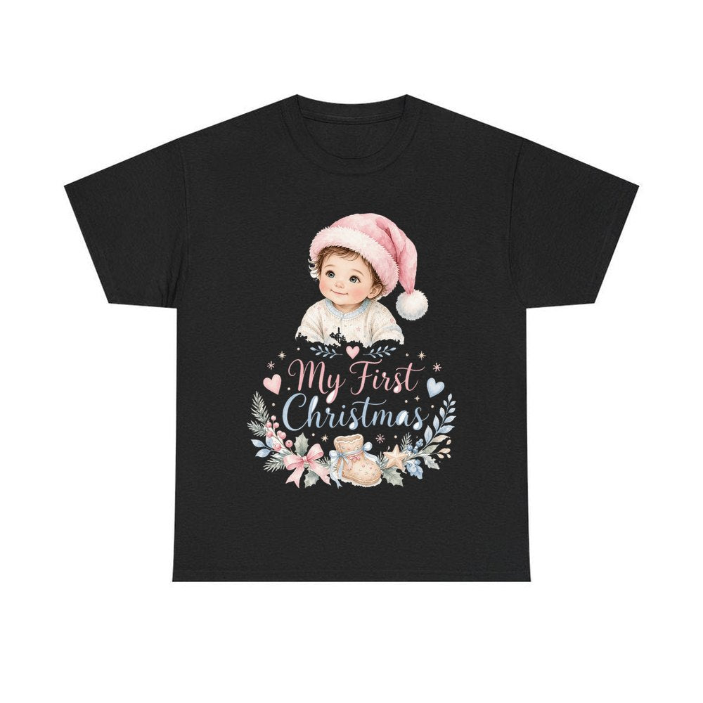 My First Christmas Pink Hat personalised Christmas T-shirt in black
