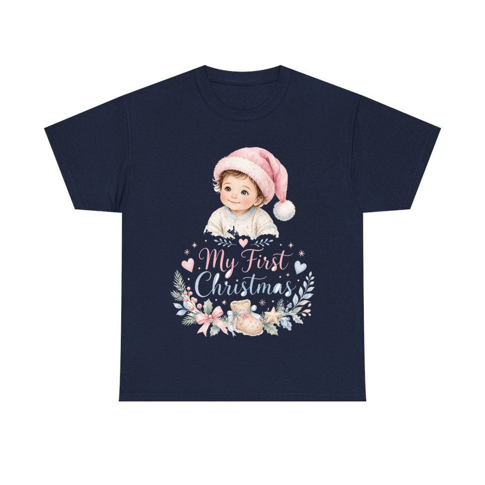 My First Christmas Pink Hat personalised Christmas T-shirt in navy