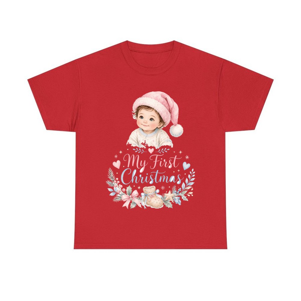 My First Christmas Pink Hat personalised Christmas T-shirt in red