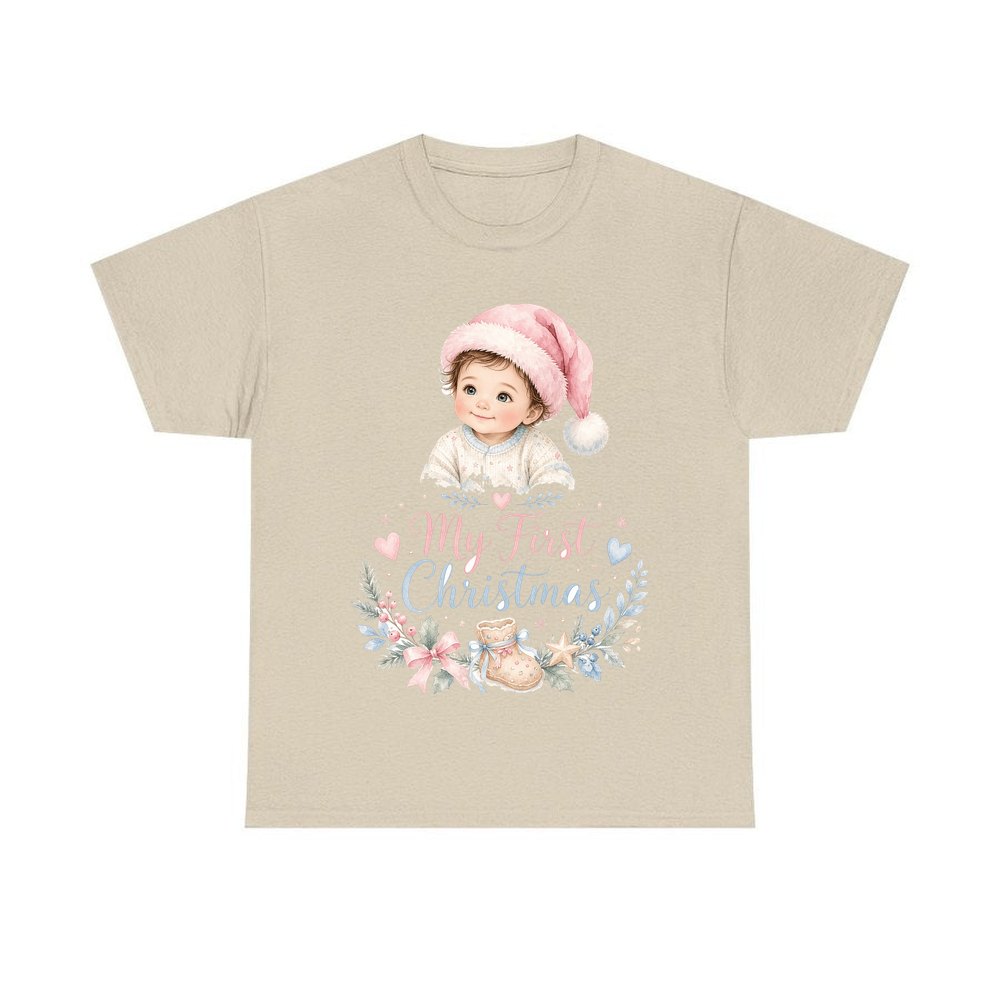 My First Christmas Pink Hat personalised Christmas T-shirt in sand