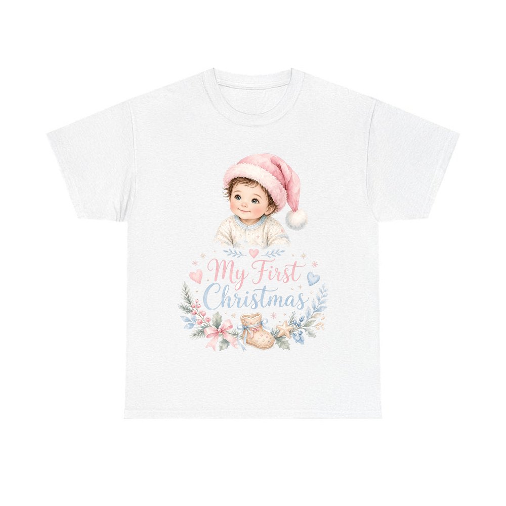 My First Christmas Pink Hat personalised Christmas T-shirt in white