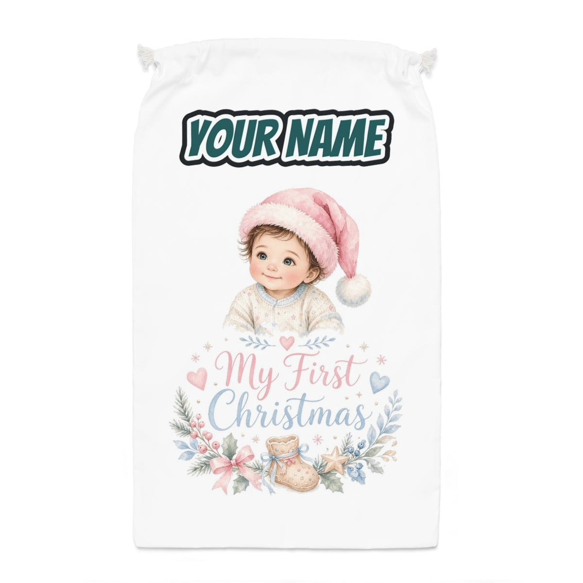 My First Christmas Pink Hat Santa sack laid flat, showing the full print