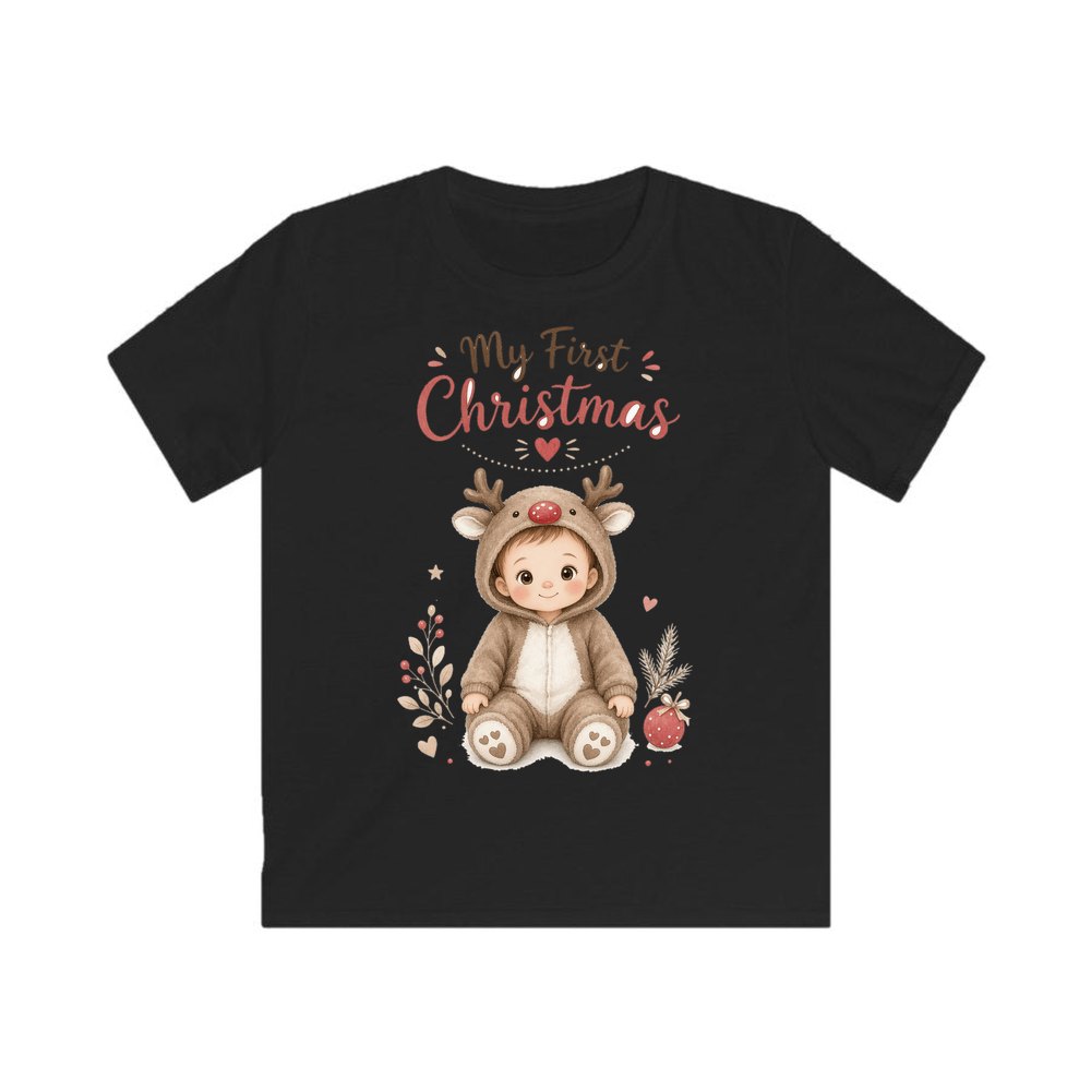 My First Christmas Reindeer Suit personalised kids Christmas tee in black