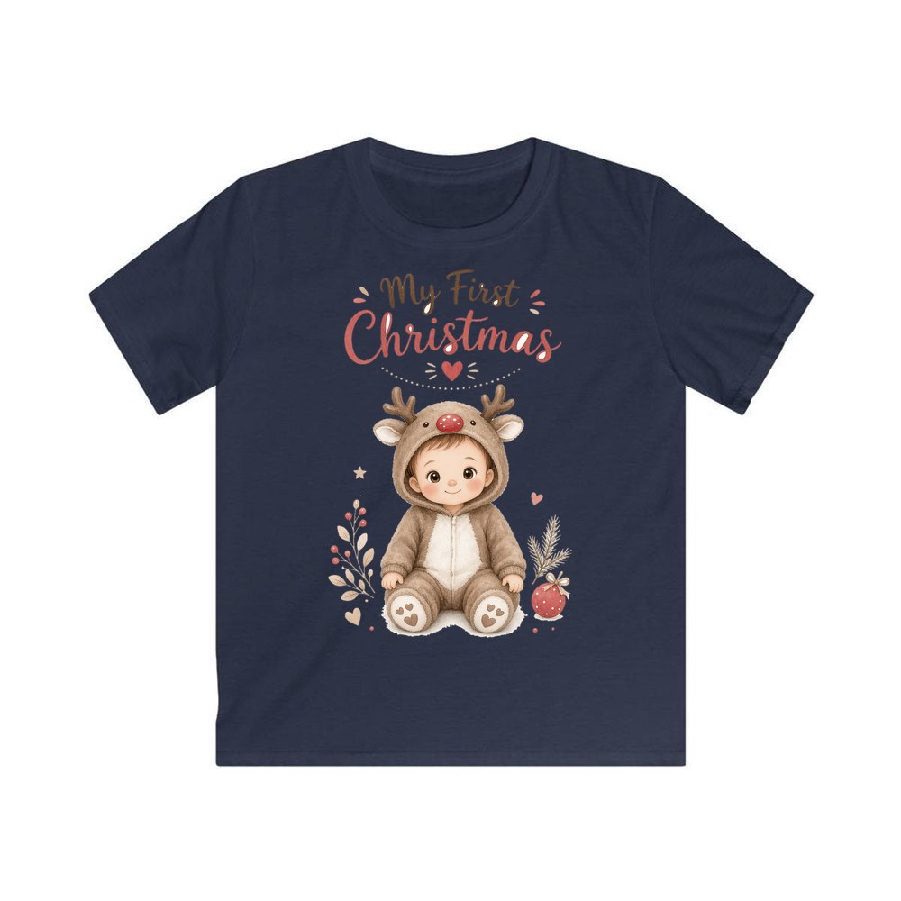 My First Christmas Reindeer Suit personalised kids Christmas tee in navy