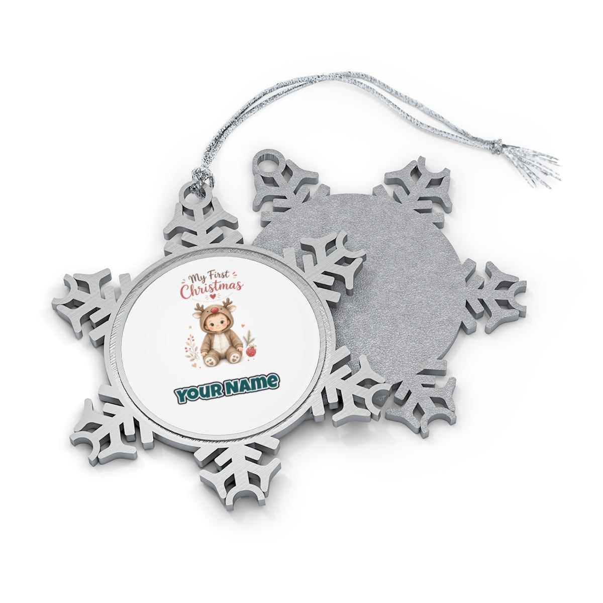 My First Christmas Reindeer Suit personalised pewter snowflake Christmas ornament, front and back, with a name under the design