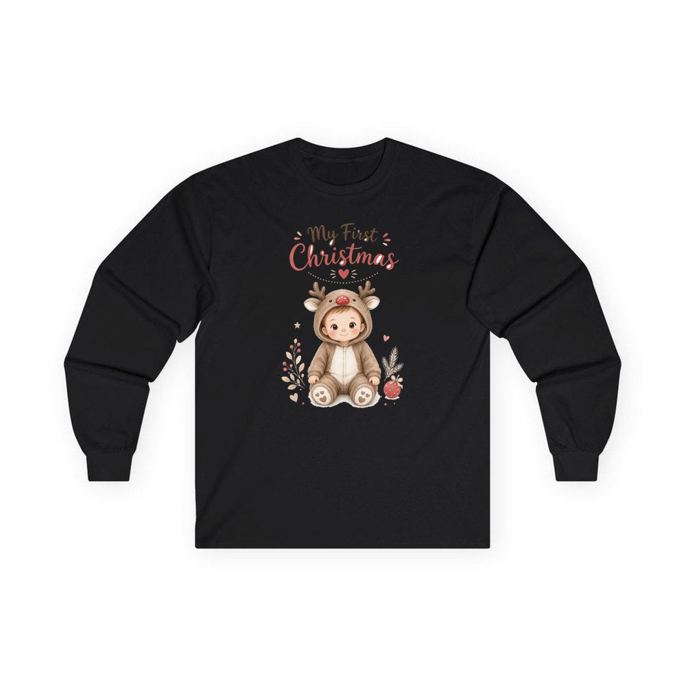 My First Christmas Reindeer Suit personalised long sleeve Christmas T-shirt in black