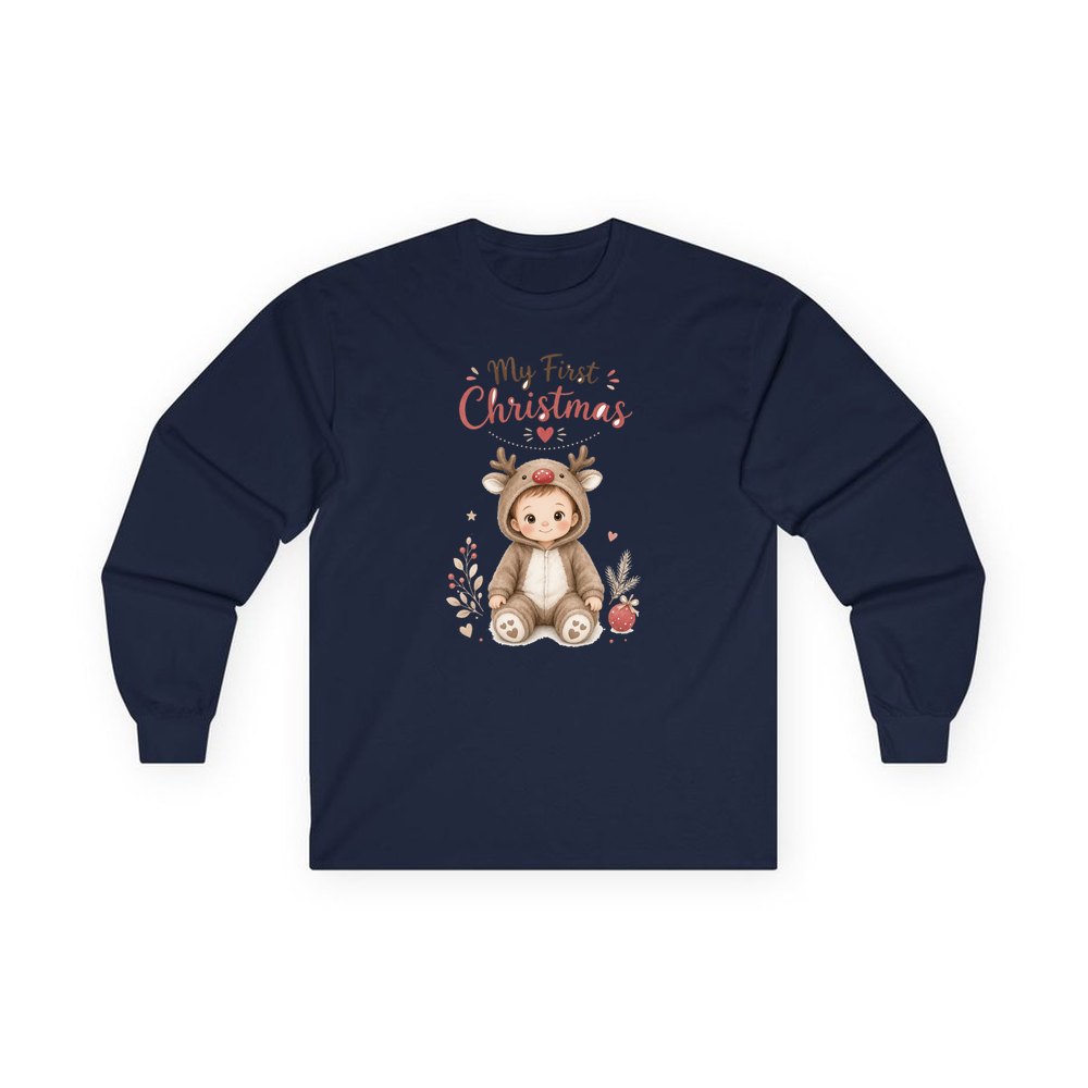 My First Christmas Reindeer Suit personalised long sleeve Christmas T-shirt in navy