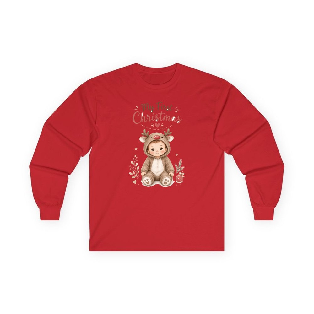 My First Christmas Reindeer Suit personalised long sleeve Christmas T-shirt in red
