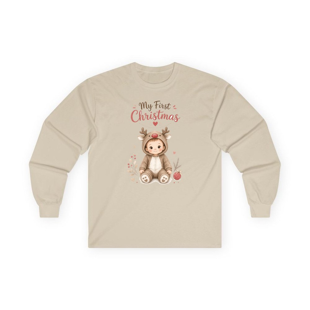 My First Christmas Reindeer Suit personalised long sleeve Christmas T-shirt in sand