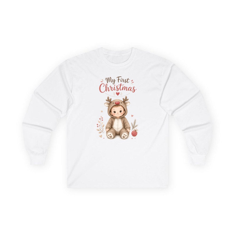 My First Christmas Reindeer Suit personalised long sleeve Christmas T-shirt in white