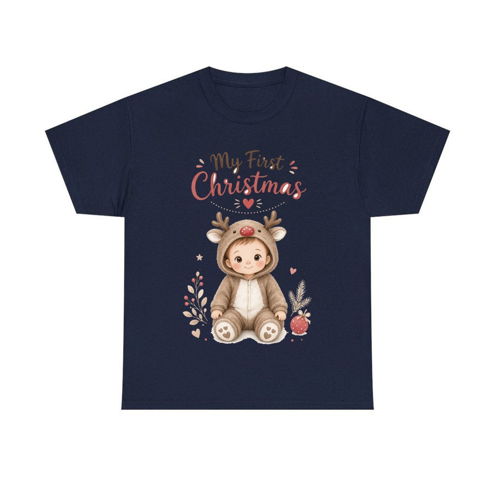 My First Christmas Reindeer Suit personalised Christmas T-shirt in navy