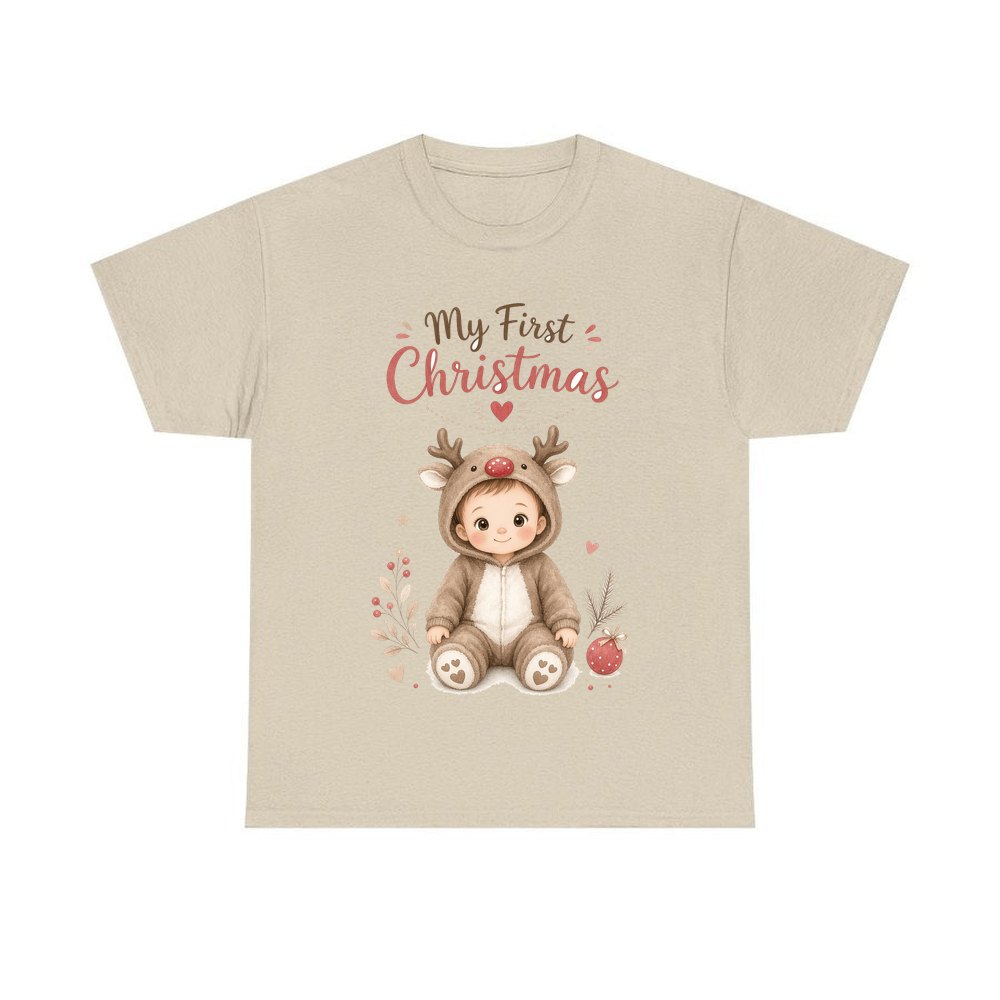 My First Christmas Reindeer Suit personalised Christmas T-shirt in sand
