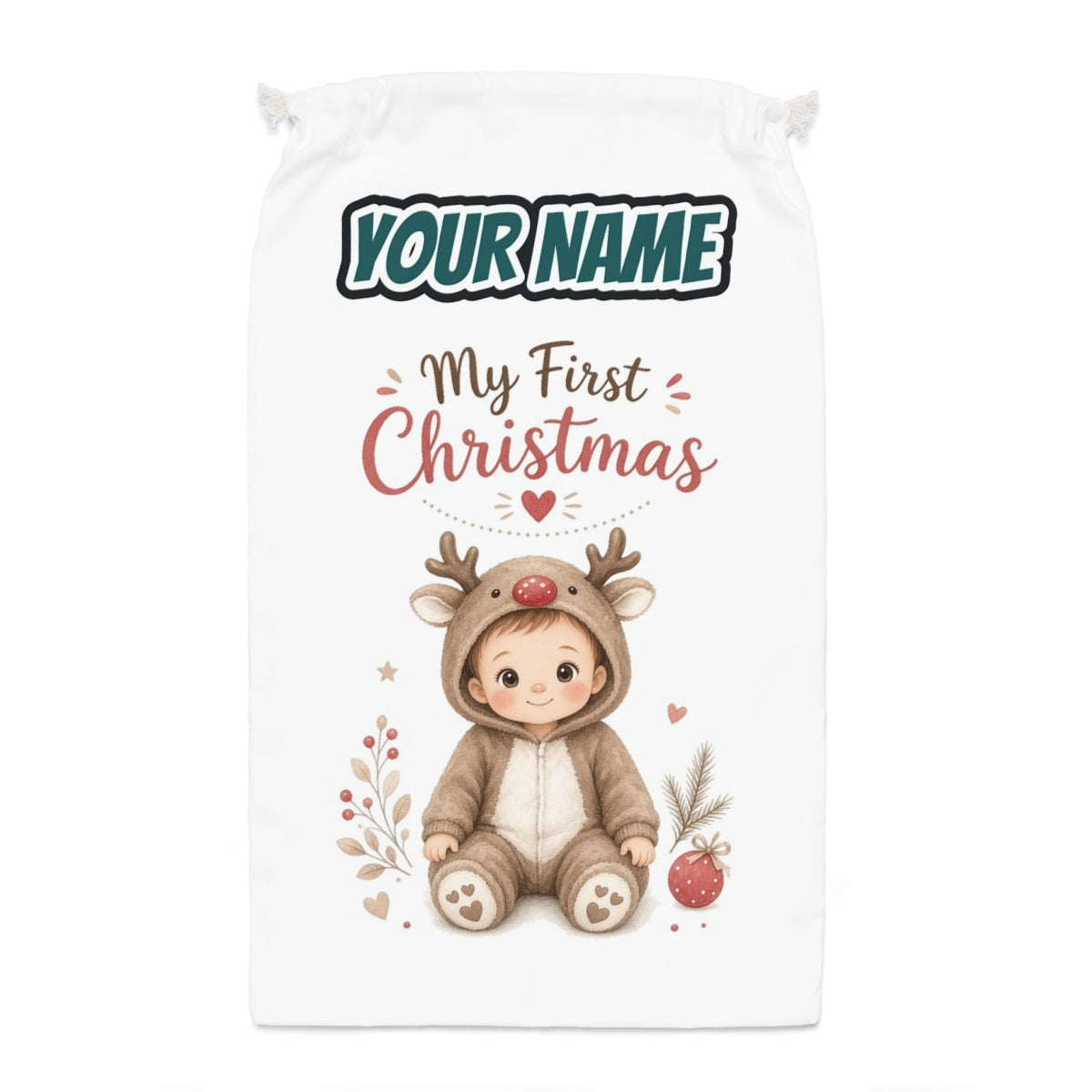 My First Christmas Reindeer Suit Santa sack laid flat, showing the full print