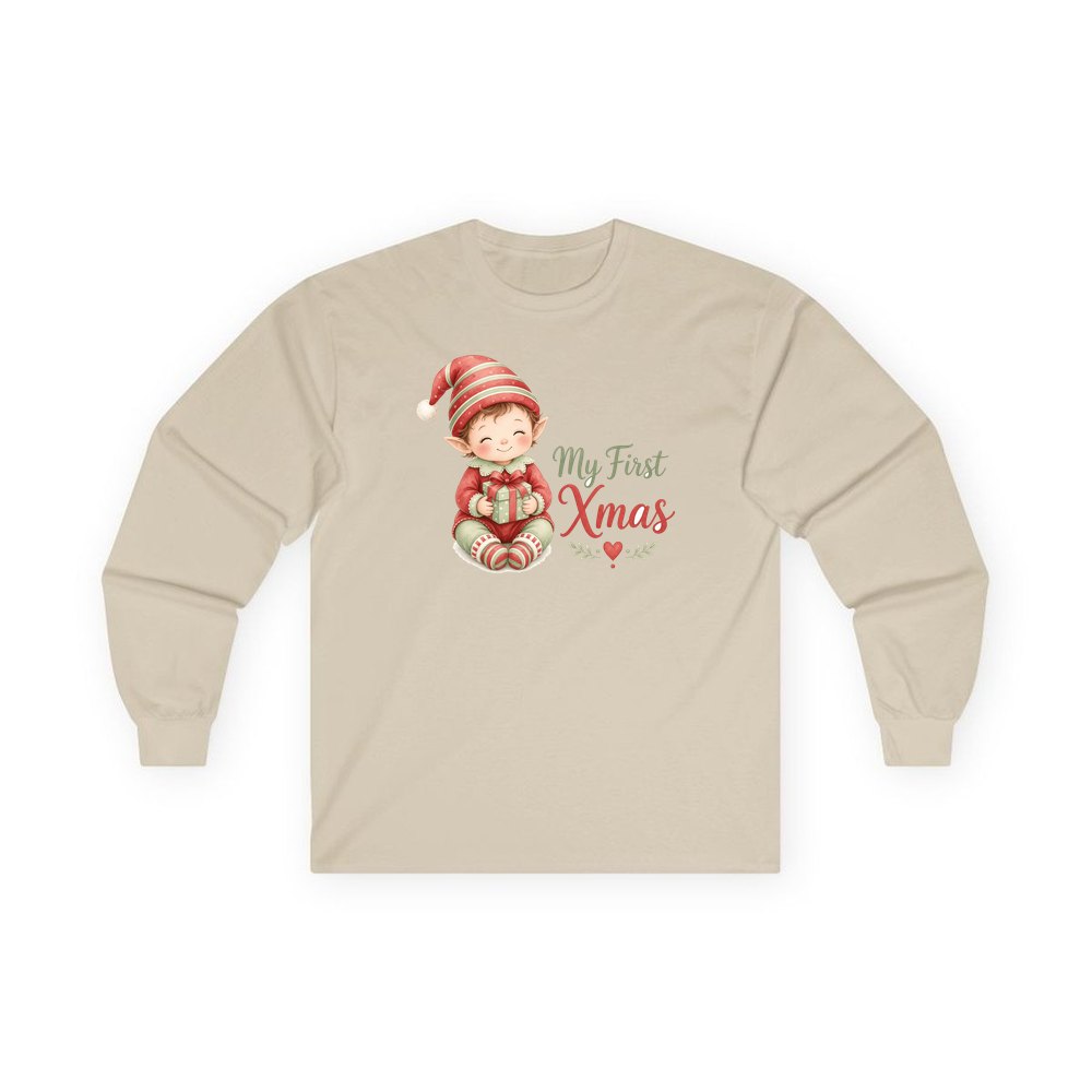 My First Xmas Elf personalised long sleeve Christmas T-shirt in sand