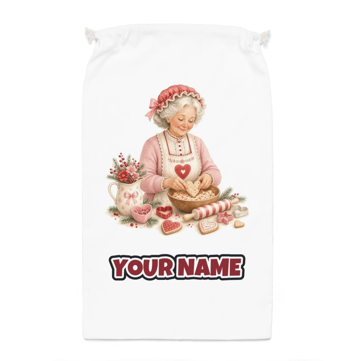 Nan Baking Christmas Biscuits Santa sack laid flat, showing the full print