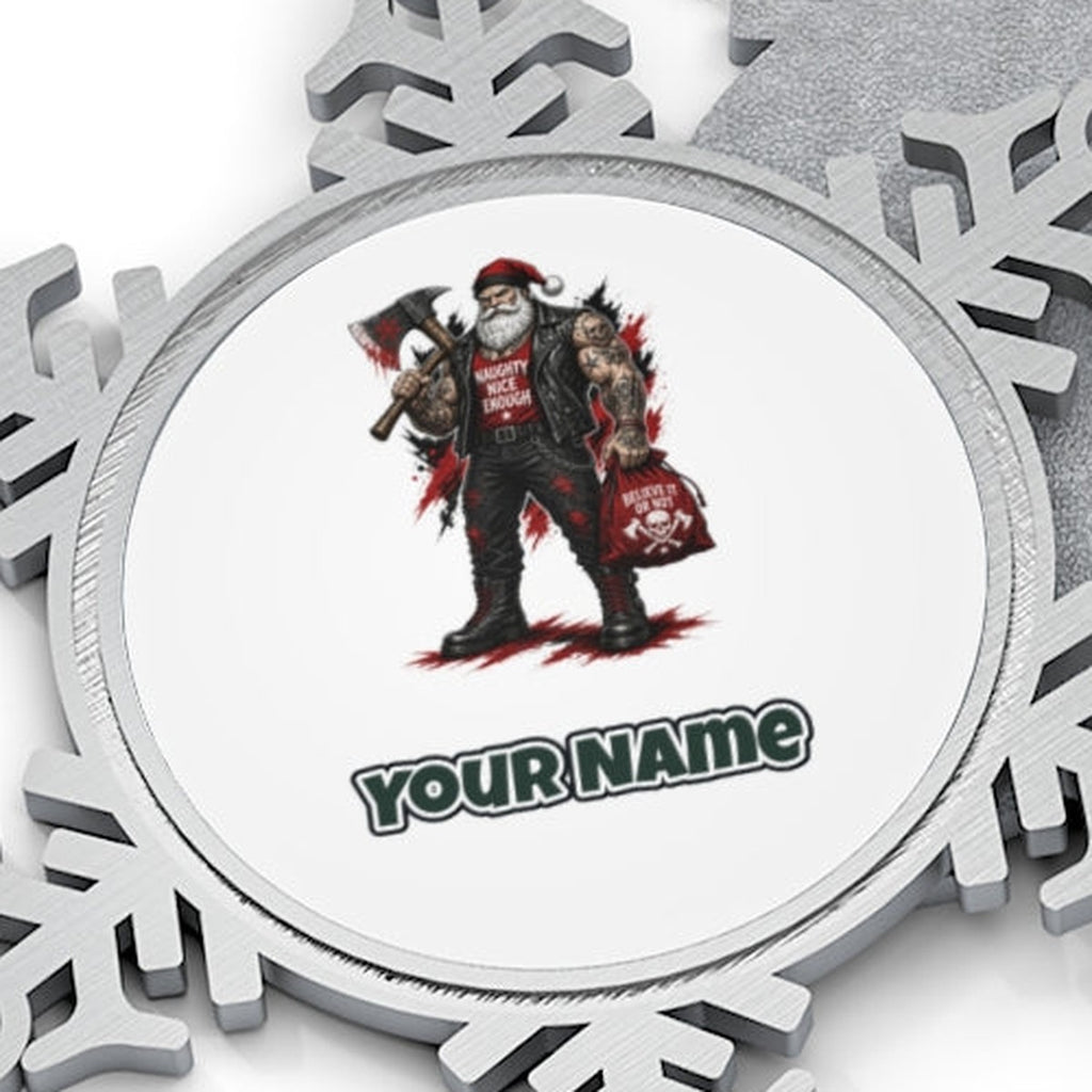 Naughty Nice Enough Biker Santa Personalised Pewter Christmas Ornament